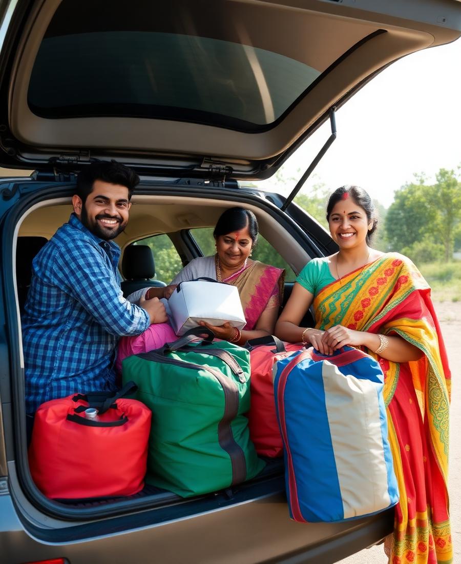 Indian family loading bags into a car for a road trip